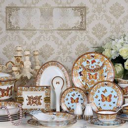 Bowls Porcelain Dinnerware Set Butterfly Bone China Dinner Ceramic Golden Tableware For Reception Arabic Plate