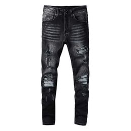 Men's Jeans Men Biker Jeans Streetwear Pleated Patchwork Slim Skinny Stretch Denim Pencil Pants Trendy Black Trousers T221102
