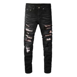 Men's Jeans Men Cracked Pleated Patch Biker Jeans Streetwear Patchwork Holes Ripped Distressed Stretch Denim Pants Skinny Trousers T221102