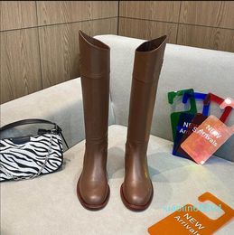 brown leather knee-high boots low heel tall boot smooth pull-on Almond Toes Knight boots luxury designers brands shoes for women