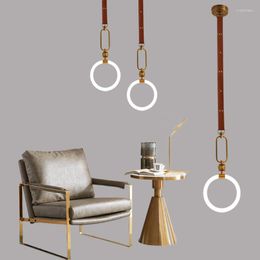 Pendant Lamps Nordic Post-modern Brown Leather Small Chandelier Art Creative American 360 Degree Luminous