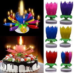 Festive Supplies Musical Birthday Candle Magic Lotus Flower Candles Blossom Rotating Spin 14 Small 2layers Cake Topper Decoration SN608