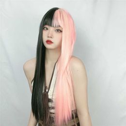 Women's Hair Wigs Lace Synthetic Quick Hand Female Air Bangs Long Straight Hair Black Powder Color Contrast Yin and Yang Wig Head Set