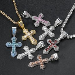 6 Colours for Options Bling Cross Pendant Necklace with 24inch Free Rope Chain Gold Silver Plated Mens Women Hip Hop Jewellery Gift