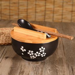 Bowls Japanese Style Crockery Bowl Korean Vintage Noodles Rice Ceramic Instant Noodle Chopsticks Lid Spoon Pad Drop291v