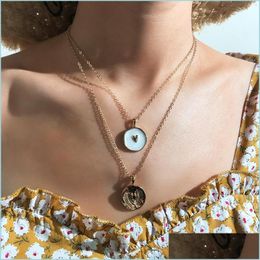 Pendant Necklaces Korean Harajuku Sweet Heart Circle Enamel Necklace Creative Round Carved Leaves Double Layer For Women Nice Gift D Dhhsz