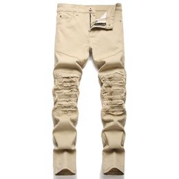 High Street Fashion White Jeans Hole Patch Elastic Slim Fit Pleated Mens Jeans Skinny Solid High Quality Denim Trousers