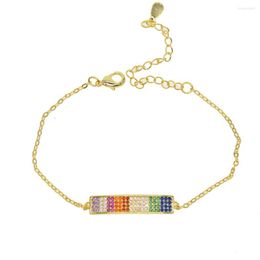 Link Bracelets Chain 16 5cm Size Copper Gold Colour Micro Pave Zirconia Bar Charms Bracelet With Blue Green Purple Stone Women Bangle