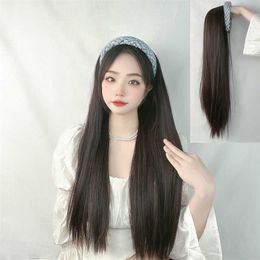 Women's Hair Wigs Lace Synthetic Wig Female Band Straight Half Cap Net Red Same Style Tracel Imitation Black Long Hair