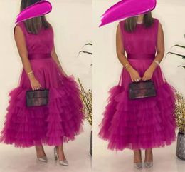 2023 Fuchsia Evening Dresses Ruffles Tulle Sleeveless Designer Sash Ruched Ankle Length Custom Made Formal Ocn Wear Arabic Prom Gown Vestidos 401 401