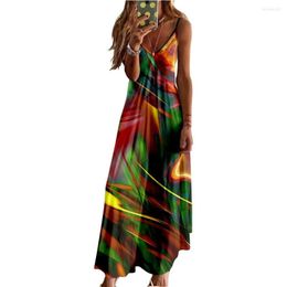 Casual Dresses Spring Summer Women V-Neck Fluorescent Lines Printed Sexy Beach Long Maxi Dress Split Sleeveless Clothing Holiday Vestido