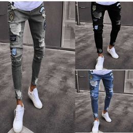 Men's Jeans Summer Men's Skinny Holes Ripped Denim Pants Teen's Hip Pop Jeans Denim Destroyed Pencil Pants Stretchy Biker Slim Fit Jeans T221102