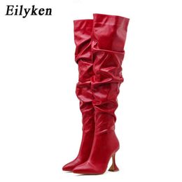 Stivali Eilyken Nuovo design pieghettato sopra il ginocchio Stivali da donna Fashion Runway Strani tacchi alti Sexy scarpe a punta con zip lunghe 220913