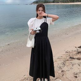 Work Dresses Women Plus Size Sweet Suit White Short Sleeve T Shirt Top And Strap Black Dress Two Piece Set Elegant Outfit Summer Clothing