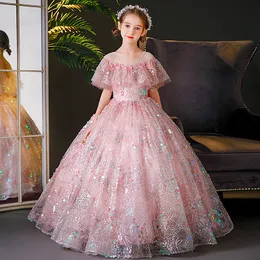 Elegant Pink Princess Pageant Dresses Sequined Applique Floor Length Ball Gown Birthday Dress For Teens Toddler Girls Flower Gowns 403