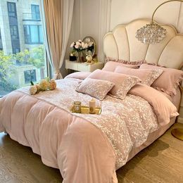 Bedding Sets Pink Super Soft Velvet Fleece White Lace Patchwork Embroidery Set Warm Short Plush Duvet Cover Bed Sheet Pillowcases