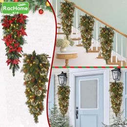 Decorative Flowers Decorated Garland No Lights Wreath Decoration With Pine Cone Christmas Stair Swag Ornament