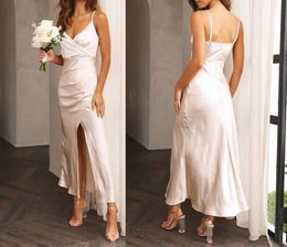 Elastic Satin Bridesmaid Dresses Spaghetti Straps Tea Length Side Slit Custom Made Maid Of Honor Gown Country Wedding Wear Plus Size 403 403