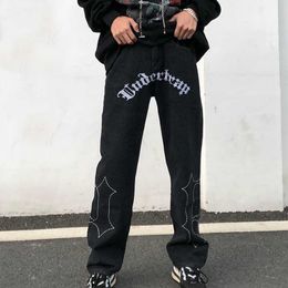 Men's Jeans Harajuku Casual Jeans Men Retro Letter Embroidery Pattern Washed Ripped Denim Pants Straight Baggy Trousers Black Streetwear New T221102