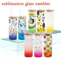 18oz Sublimation Frosted Glass Water Bottle Tumblers with Straw And Bamboo Lid Blanks Skinny Tumbler Shot Glasses Drinking Cups Wholesale