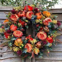 Decorative Flowers Thanksgiving Wreaths For Front Door Artificial Autumn Wreath Decoration Peony Pumpkin Fall Home