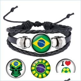 Charm Bracelets New Brazil National Flag Cabochon Snap Charm Mens Leather Bracelet Adjust Size For Football Fans B047 Drop Delivery Dhovh