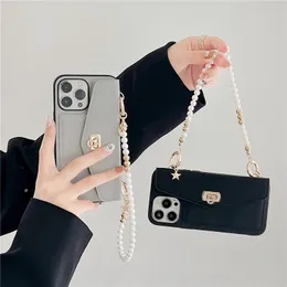 Pearl Bracelet Lychee Pattern Leather Handbag Phone Cases for iPhone 14 13 12 11 Pro Max Rope Card Slot Wallet Clutch Protective Shell with Plating Buckle Lock