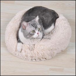 Kennels Pens Long Plush Dog Bed Winter Warm Round Pet Slee Beds Soild Colour Soft Dogs Cat Cushion Mat Drop 667 V2 Delivery Home Ga Dhsbz