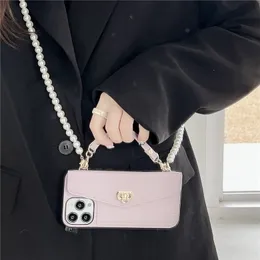 Pearl Bracelet Handbag Phone Cases for iPhone 14 13 12 11 Pro Max Crossbody Chain Card Slot Lychee Pattern Leather Wallet Protective Shell with Plating Buckle Lock