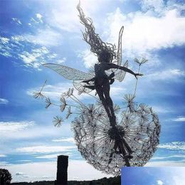 Decorative Objects Figurines Landscape Decorative Stake Fairies And Dandelions Dance Together Metal Garden Yard Art Decor Lawn Scp Dhpbh