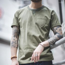 Men's T Shirts Maden Summer Solid Male T-shirt Cotton Retro Army Green Simple Round Collars Pocket Short Sleeves Amekaji Men