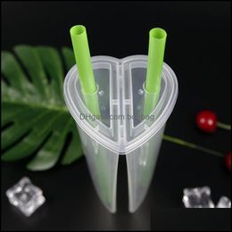 Disposable Cups Straws 600Ml Heart Shaped Double Share Cup Transparent Plastic Disposable Cups With Lids Milk Tea Juice For Lover Dh2Pw
