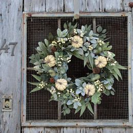 Decorative Flowers 16" Fall Pumpkin Wreath With Green Leaves Hanging Harvest Door For Farmhouse Wall Indoor Home Decoration