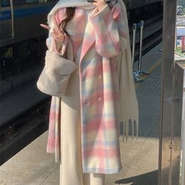 Womens Wool Blends Winter Rainbow Woollen Overcoat Women Casual Plaid Long Coats Office Lady Y2k Clothing Korean Fashion Trench Jacket 221113