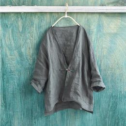 Women's Blouses Chinese Style Single Button Cardigans Open Stitch Solid Color V Neck Loose Shirt Women Cotton Linen Tops Thin Clothes