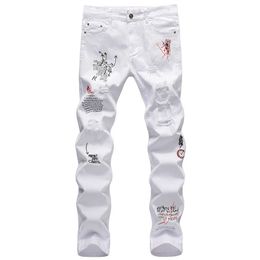 Men's Jeans Men Letters Embroidery Printed Jeans Streetwear Slim Straight Stretch Denim Pants Black White Holes Ripped Trousers T221102