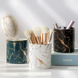 Storage Boxes Bins Ins Marble Pattern Pen Holder Cosmetic Jewelry Storage Box Makeup Brush Lipstick Ceramic Jar Home Table Organiz Dhmby