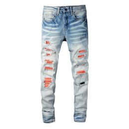 Men's Jeans Men Cracked Pleated Patch Jeans Streetwear Slim Skinny Stretch Denim Pants Holes Ripped Patchwork Tapered Trousers T221102