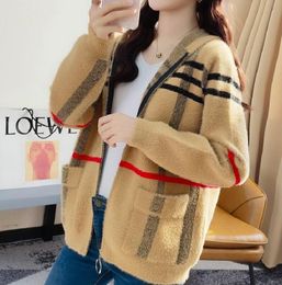 Luxury Women's Classic Plaid Stripe Knitted Cardigan Sweaters Casual Long Sleeves Faux Mink Coat Hooded Jacket with Zipper