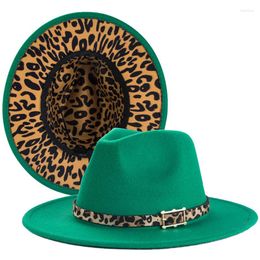 Berets Wide Brim Solid Leopard Bottom Fedora Wool Felt Hats Fascinators For Women Elegant Party Trilby Jazz Men's Green Panama Cap