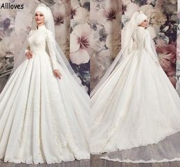 Kragen Elfenbein Muslim High Dubai Ballkleid Brautkleider mit langen Ärmeln Spitze Applikationen Perlen Kirche Brautkleider Hofzug Plus Size Vestidos De Novia s