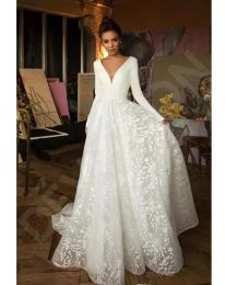 Modern Boho Long Sleeve Princess Wedding Dresses V Neck Covered Button Backless Lace Train Bridal Gown Vestido De Novia Bc Estido Estido