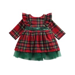 Girl's Dresses -07-06 Lioraitiin 0-6Years Toddler Baby Girl Christmas Dress Long Sleeve Bow Plaid Printed Fashion Patchwork Lace Clothing 221111