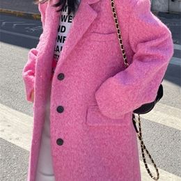 Womens Wool Blends EAM Loose Fit Pink Color Long Big Size Woolen Coat Parkas Sleeve Women Fashion Autumn Winter 1DE3207 221113