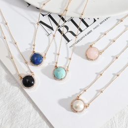 Chains Natural Stone Lapis Lazuli Kallaite Pink Quartz Crystal Pendant Necklaces Gold Color Chain Choker Necklace