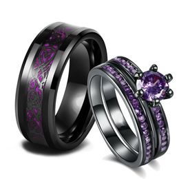 Charm Couple Rings Romantic Purple Rhinestones Women Rings Set Trendy Men's Stainless Steel Celtic Dragon Ring Fashion Jewelry