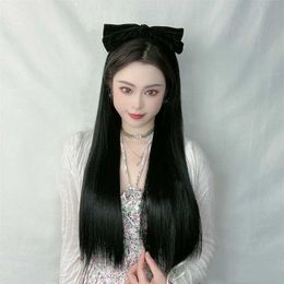 Women's Hair Wigs Lace Synthetic Sen Bowknot Band Female Black Straight Wig Piece Tiktok Simulated Long Hair Half Cap