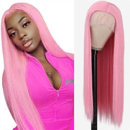 Women's Hair Wigs Lace Synthetic Light Pink Long Straight Woven Wig Female Chemical Fibre Head Cover