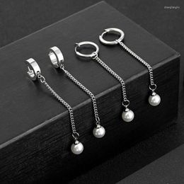 Hoop Earrings Single Women's Stainless Steel 5.9cm Chain Pearl Statement Fashion Hip-hop Punk Clip-on Earring For Female