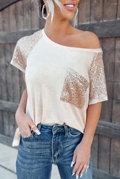 Women's Blouses Apricot Sequin Contrast Pocket Tee Top For Women
